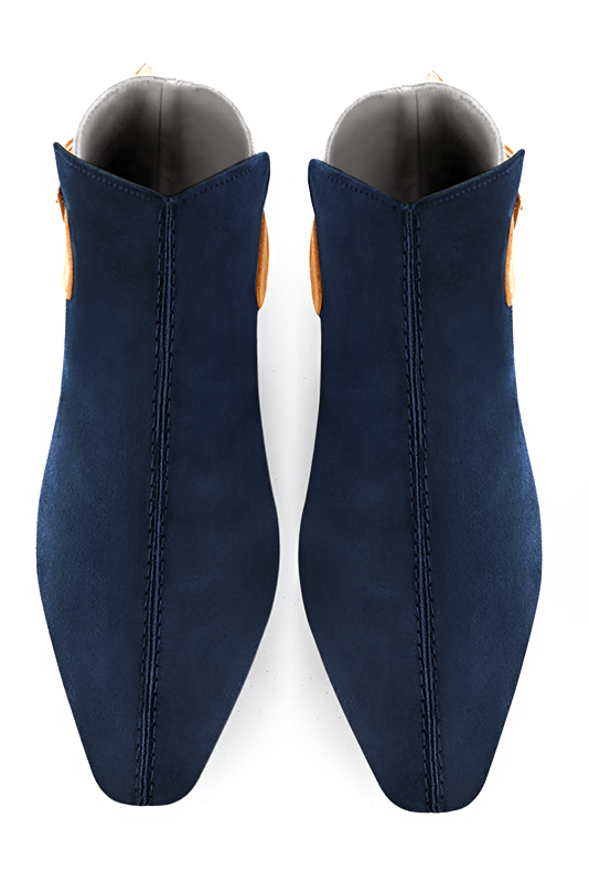 Navy blue, gold and marigold orange women's ankle boots with buckles at the back. Square toe. Flat flare heels. Top view - Florence KOOIJMAN